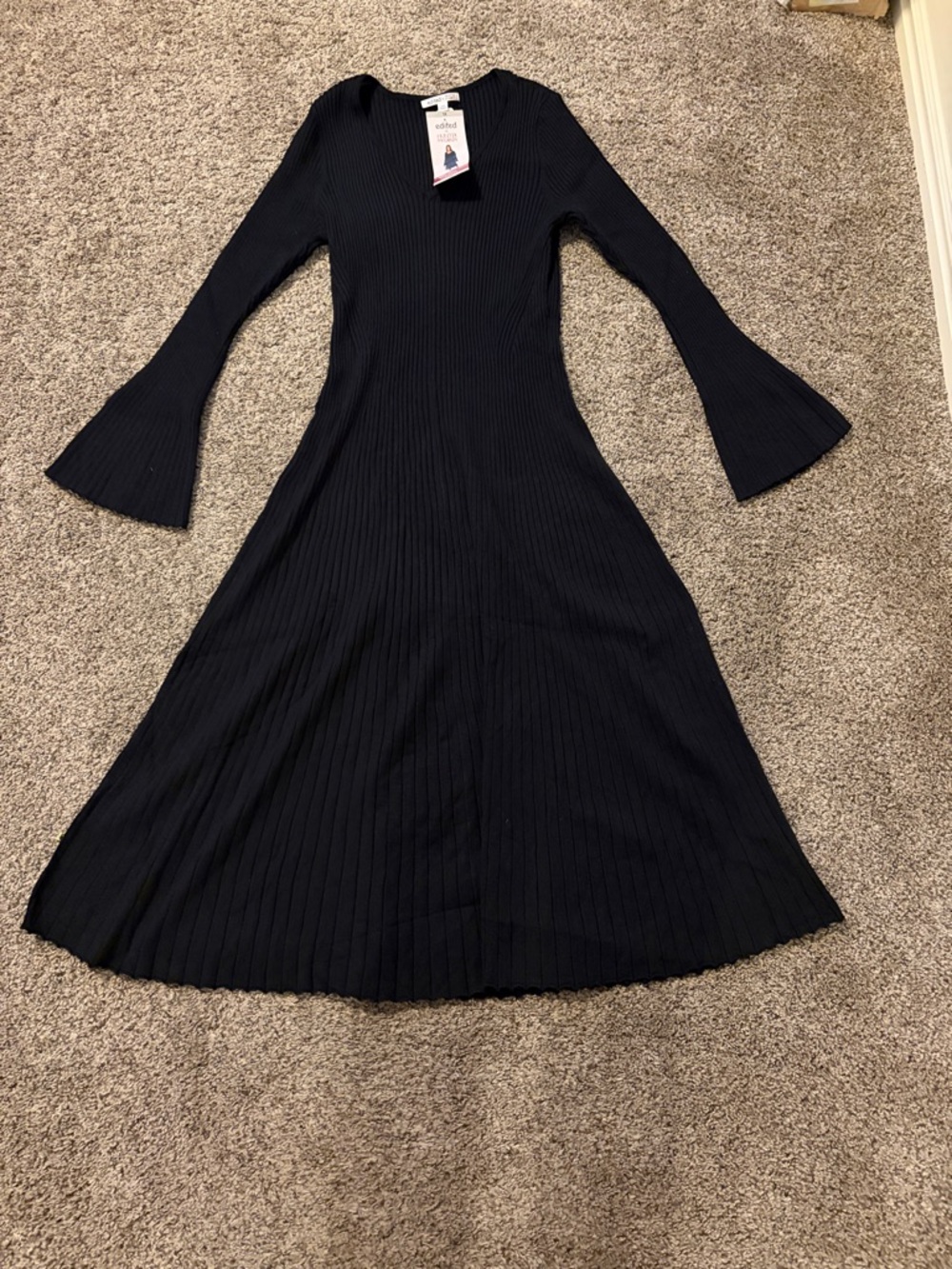 Ribbed Bell-Sleeve Long Dress - Black
